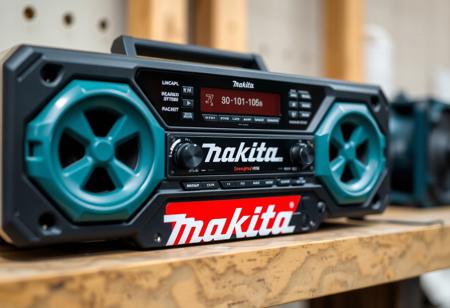 Shockproof construction stereo system. Shockproof construction tool style audio stereo system. "Makita" logo on the body.