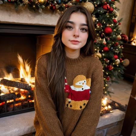 <lora:deputyaruuu_sd15_512_128_64_v1:1>deputyaruuu, 1girl brown weavy hair, wearing a christmas sweater, christmas decoration in background, lit fireplace in background