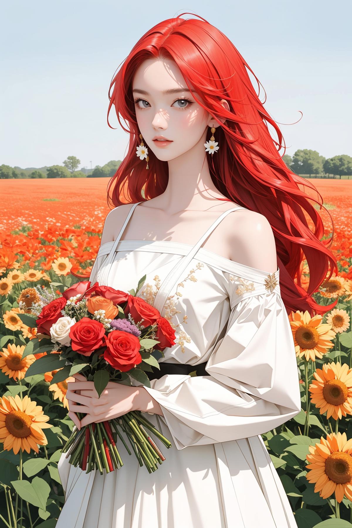 A beautiful red-haired woman in a white dress holding a bouquet of flowers in a field of sunflowers.