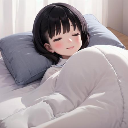 best quality, ultra-detailed, illustration, smile, 1girl, solo,
closed eyes, black hair, pillow, sleeping, bed, lying, smile, blanket, under covers, lips,
 <lora:goodsleep_SD15_V3_DIM4:0.6>