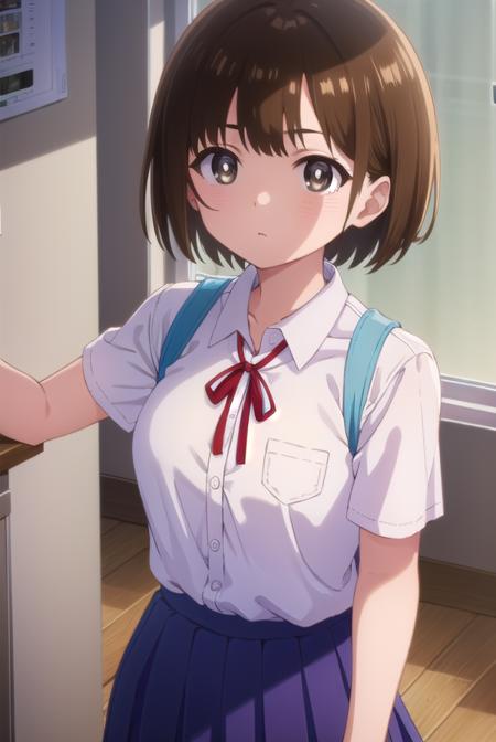 chihirokobayashi, <lora:chihiro kobayashi s1-lora-nochekaiser:1>,
chihiro kobayashi, short hair, brown hair, (brown eyes:1.5),
BREAK skirt, shirt, school uniform, pleated skirt, socks, white socks, white shirt, collared shirt, ribbon, red ribbon, short sleeves,
BREAK indoors, classroom,
BREAK looking at viewer, (cowboy shot:1.5),
BREAK <lyco:GoodHands-beta2:1>, (masterpiece:1.2), best quality, high resolution, unity 8k wallpaper, (illustration:0.8), (beautiful detailed eyes:1.6), extremely detailed face, perfect lighting, extremely detailed CG, (perfect hands, perfect anatomy),