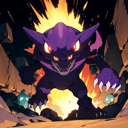 highres, masterpiece, sugimori ken \(style\), picture of a ghost pokemon \(creature\), purple energy, glowing eyes, big claws