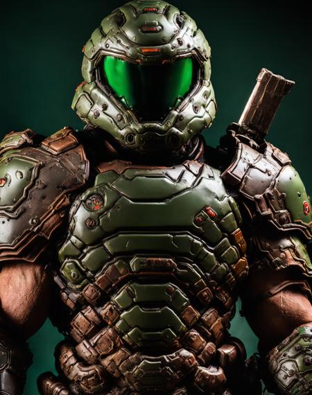 award winning portrait of a man in a green and brown armor, the only thing they fear is you, rip and tear until it is done, he is doom, the slayer's time is now, close up, 80mm, f/1.8, dslayer,  <lora:DOOM21:1>