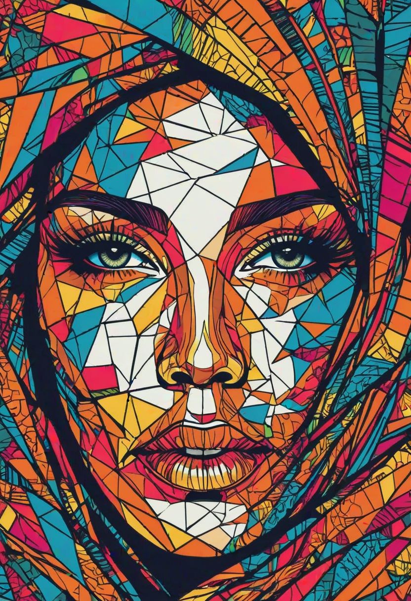 woman face Vivid colors, Embrace the challenges, Global Art and Multiculturalism, Technology and Digital Art, in bold outline style, jagged edges, trashcore, light shading