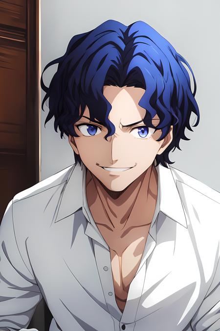 (masterpiece, best quality:1.2), highres, anime screencap, anime coloring, 1boy, solo, male focus, evil smile,
ShinjiM_V1, blue hair, short hair, wavy hair, blue eyes, purple eyes, aged down,
white shirt, dress shirt, collarbone, long sleeves,
upper body, looking at viewer,
<lora:add_detail_CyberAlchemist:0.4>, <lora:GoodHands-beta2:0.8>, <lora:ShinjiM_V1:0.95>