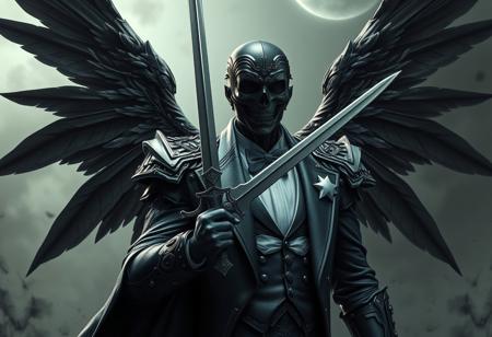 Create a hyperrealistic image of a dark angel with a sword, inspired by the Adeptus Astartes, with dark wings and an ornate tuxedo in the style of Erosion Hand Forest. Incorporate micro details and a Terminator-like appearance without flesh, evoking an exorcist feel. Use the style of artists such as Tooth Wu, Wlop, Beeple, and Dan Mumford as reference, with a focus on intricate abstract details and symmetrical composition, similar to Greg Rutkowski's work.