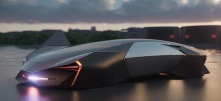 ((blender cycles render style)), solo, the futuristic city of Tokyo in the year 2050, (Autonomous limousine concept), simplest form, sleek design, masterpiece:2, best quality, floating vehicle, thrusters, realistic headlamp details, science fiction, jet-black satin paint, vehicle focus, ultra-realistic detail, sunset view reflected on the surface, rainy day, lens flare, motion blur, blur background, reflective ground, low camera angle, <lora:Speedform_v1:1.2>,