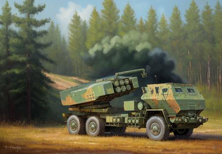 oil panting of a HIMARS parked in forest <lora:himars16-v1-step50:1>