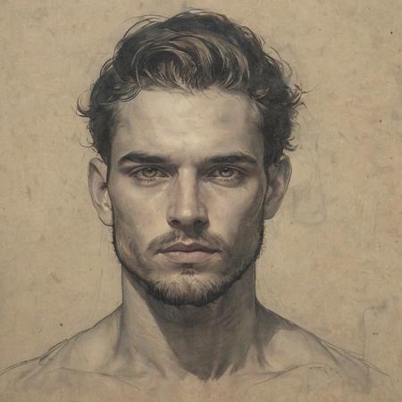 a sketch by By Casey Baugh, a graphic illustration, Sketch in the style of Leonardo da Vinci's sketches of a concept machine, masterpiece, best quality. a 21 year old man poses, he has light stubble on his face, pale coloured eyes and medium hair, he is becoming more confident in himself every day, external lighting creates a subtle illumination effect. Charcoal and crayon on (parchment:1.2) with very fine colored touches, (shadings:1.1), (loose lines:1.2), Schematic, Conceptual, Abstract, (etching:1.2),