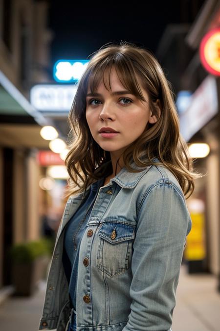 a photo of grac13-001, photorealistic,1girl, bangs, shoulder length hair, realistic, a character portrait, looking at viewer, a woman with a surprised look on her face,  looking at the viewer, standing in the street in Chinatown at night, denim jacket, solo, shirt, upper body.  fcHeatPortrait. (closeup:1.3). BREAK olive green eyes.