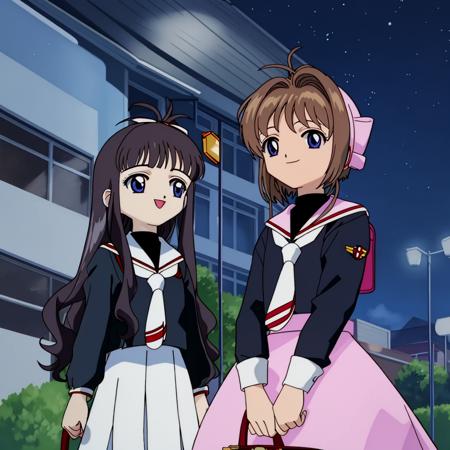 masterpiece, highres, outside, starry sky, night, kinomoto_sakura and daidouji_tomoyo, tomoeda_elementary_school_uniform, 2girls, smiling