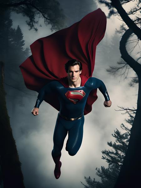 cinematic film still movie poster of  henry cavill man  <lora:Henry_Cornswet-Henry_Cavill:0.6> flying in a dark forest , dressed as superman . shallow depth of field, vignette, highly detailed, high budget, bokeh, cinemascope, moody, epic, gorgeous, film grain, grainy