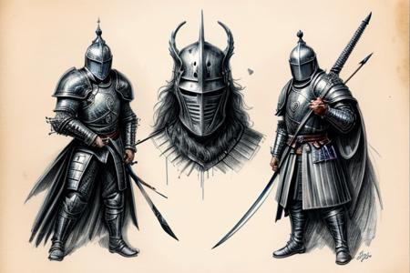Pencil sketch, intricately detailed, rich shadows, highest resolution, highest quality, 8k UHD, 
best perfect realistic HD ultra HD 4k clear and detailed image, battle knights with a large and fearful fire dragon, nearby castle, weapons swords, crossbows, bows, detailed visualizations of knights, dragon and landscape, detailed depiction of their faces and weapons and armor, and o ...