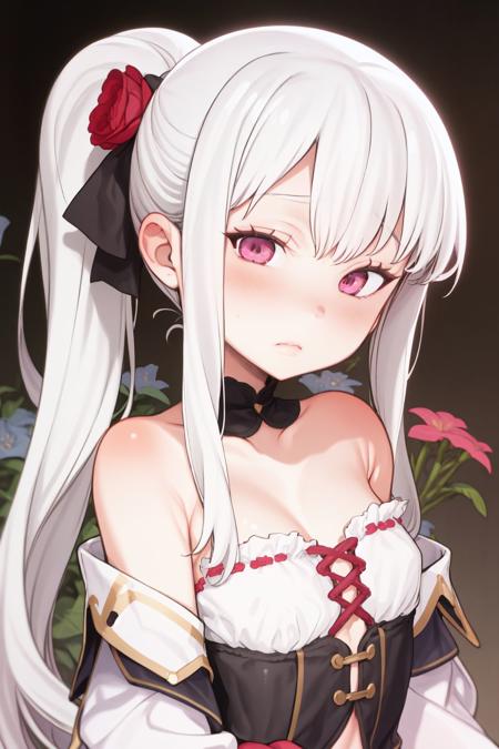 upper body, solo, 1girl, miserable, white hair, front ponytail, pink eyes, beautiful detailed face, brown off-shoulder shirt, frontlighting, Iberis_amara \(flower\), floral background <lora:Mameojitan_style_v02.10.01.04:1>