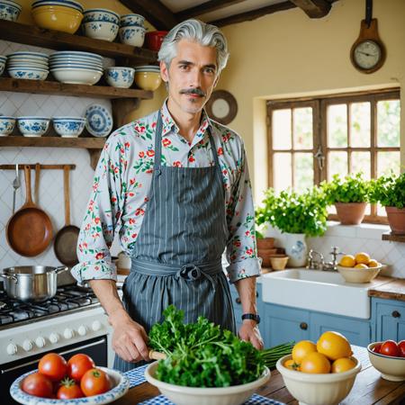 A gray-haired and elegant young man whose eyes stared at the viewer was full of story. His wore a traditional floral-patterned dress in a quaint, sunny cottage kitchen and cooking