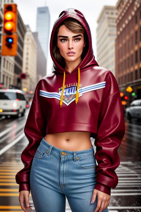 photo of (brshields), 1girl, Masterpiece, highest quality, 4k, sharp focus, intricate full body photo, walking in a rainy american city wearing a crop top style hooded sweatshirt with the hood pulled up, blonde hair visible in hood, tight jeans, beautiful eyes, detailed facial features, large boobs, luminescent hair, midriff, thighs