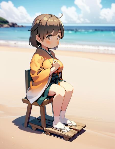 dynamic angle, masterpiece, best quality, photorealistic, chibi illustration cg, solo, looking at viewer, feet out of frame view of 1girl facing viewer over a detailed illustration of a beach, hiryuuchan, (one side up:1.22) brown hair, brown eyes, orange kimono with wide furisode sleeves, cute, pixiv, best lighting, finely detailed eyes, depth of field, Japanese clothing, white socks, japanese geta sandals, large breasts, red stripes <lora:hiryuu_counterfeitxla_1-10:0.7>
BREAK green hakama, hakama short skirt, miniskirt,