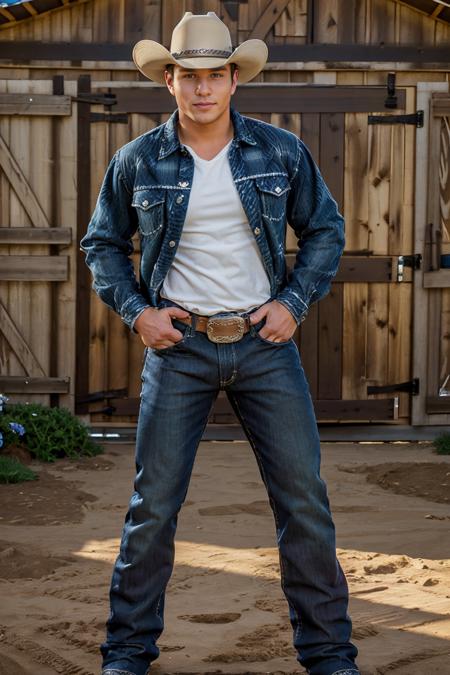 outdoors, standing in front of barn, muscular (DylanRoberts), slight smile, sexycowboy, cowboy hat, plaid shirt, denim jacket, denim blue jeans, belt, shiny silver belt buckle, thumbs in pockets, masterpiece, (((full body portrait))), ((full body)), wide angle,  <lora:Clothing - Sexy Cowboy:0.35>  <lora:DylanRoberts:0.8>