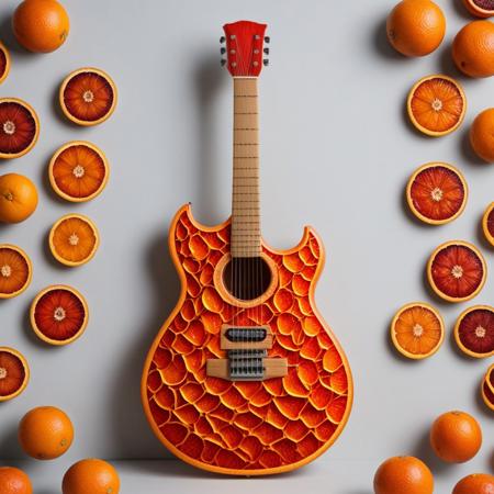 an electric guitar made of blood oranges, blood orange style, masterpiece, best quality, highly detailed, sharp focus, dynamic lighting