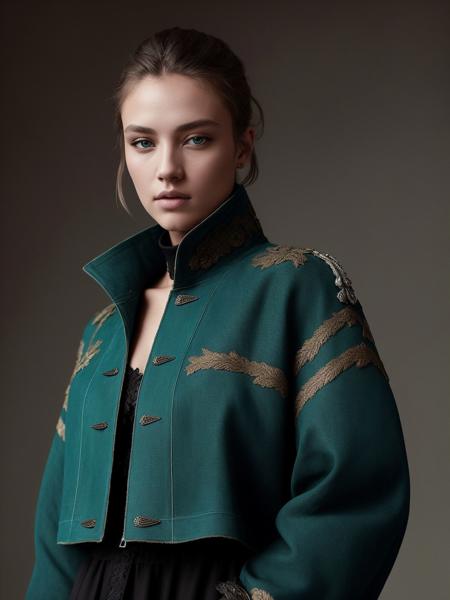 An award-winning closeup photo of a female model wearing a baggy teal distressed medieval cloth womenswear jacket by alexander mcqueen, 4 k, studio lighting, wide angle lens