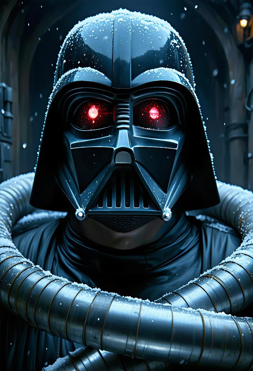 A highly detailed, realistic digital painting depicting a close-up of a futuristic Star Wars-style helmet. The helmet is predominantly black with metallic accents, and has a sleek, aerodynamic design with a visor that covers the entire face. The visor is adorned with red glowing eyes that appear to glow, giving the helmet a futuristic or sci-fi look. The mask has a prominent, angular nose piece and a series of vents that cover the entire mouth and nose. The vents are arranged symmetrically, with each vent slightly overlapping what is underneath it. In the foreground are several flexible metal pipes that are twisted and contorted, suggesting a combination of industrial and mechanical elements. The background is a dark, starry night sky with faint white specks of snow, giving the scene a sense of depth and realism. The texture of the painting is smooth, with a glossy finish that enhances the metallic shine of the helmet and the reflective properties of the pipes, the overall style is reminiscent of high-quality, hyper-realistic digital art with careful attention to detail and shadows that give it a realistic feel.