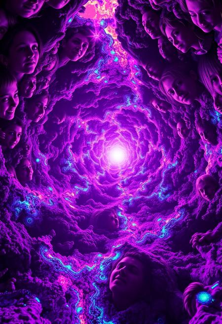 LSD hallucination, Fluorescent vortex, fractal landscapes, melting faces, distorted reality, dreamlike, faces everywhere, surreal, hyperdimensional, octane render, Highest-Quality, 8 k, intricate details, visually stunning, Masterpiece