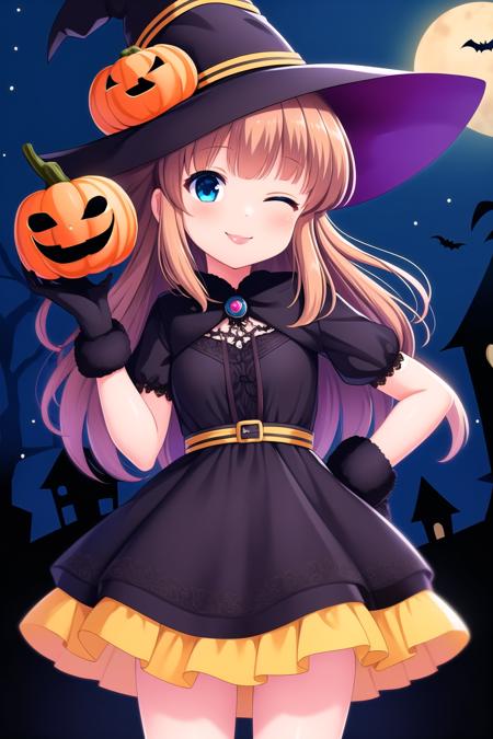 (masterpiece, best quality), highly detailed background, perfect lightingbest quality, yuukinae, solo, outdoors, night, nightmare, witch, witch hat, brown hair, long hair, one eye closed, blue eyes, black dress, black gloves, (hand on hip), (arm up, hand up), black skirt, striped, halloween costume, smile, closed mouth, ;), pink lips, <lora:Yuuki-Nae:0.7>