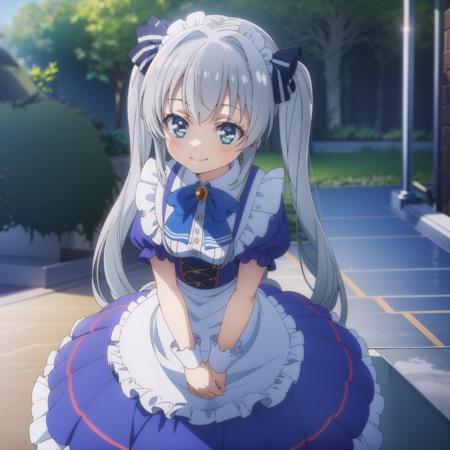 ,aaceria,long_hair,grey_hair,two_side_up,twintails,hair_bow,bangs,striped_bow, ,ceriadress,hat,beret,blue_headwear,dress,blue_dress,white_shirt,long_sleeves,frills,brooch,pantyhose,skirt,blue_skirt,cape,capelet,white_capelet,