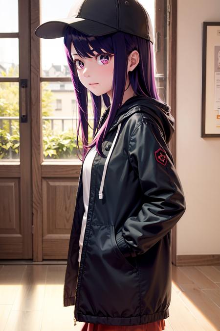 masterpiece, best quality,indoor,1girl,purple hair,long hair,black hat, hand in pocket,hood,black jacket ,open jacket,from side