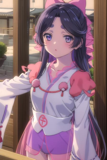 sara azuma, long hair, black hair, very long hair, (purple eyes:1.1), hair bow, pink bow, bow, (parted bangs:1.5), long sleeves, japanese clothes, wide sleeves, see-through,