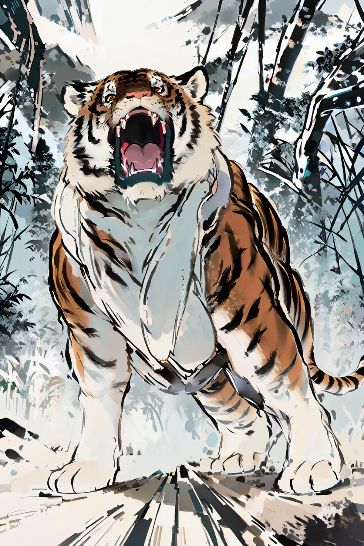 Large Tiger Roaring in a Forest with Snow on the Ground