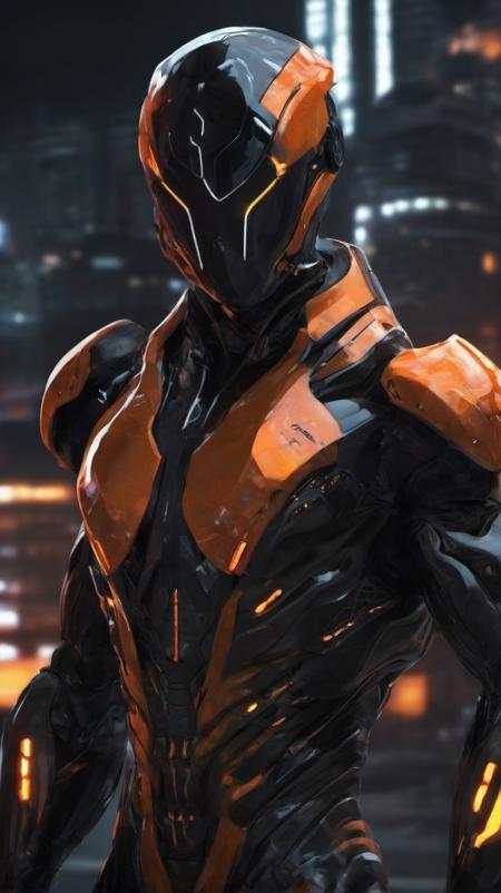 A man in a scifi style black and orange suit, scifi style wallpaper