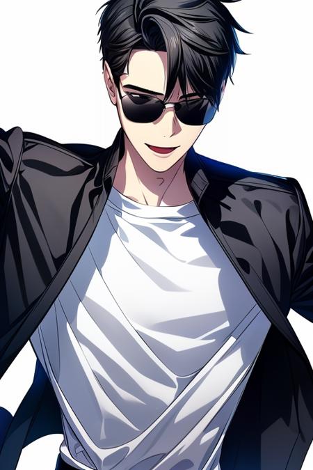 sss,  solo,  looking at viewer,  smile,  short hair,  open mouth,  simple background,  shirt,  black hair,  1boy,  white background,  holding,  jacket,  white shirt,  upper body,  weapon,  male focus,  one eye closed,  collared shirt,  holding weapon,  black eyes,  black jacket,  dress shirt,  sunglasses, <lora:EMS-64574-EMS:0.800000>, , <lora:EMS-93-EMS:0.800000>