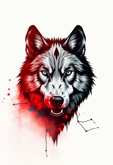 White background, a Wolf's head breaks through the background, the top half of the Wolf's head is red faint blood, the bottom half is black faint ink