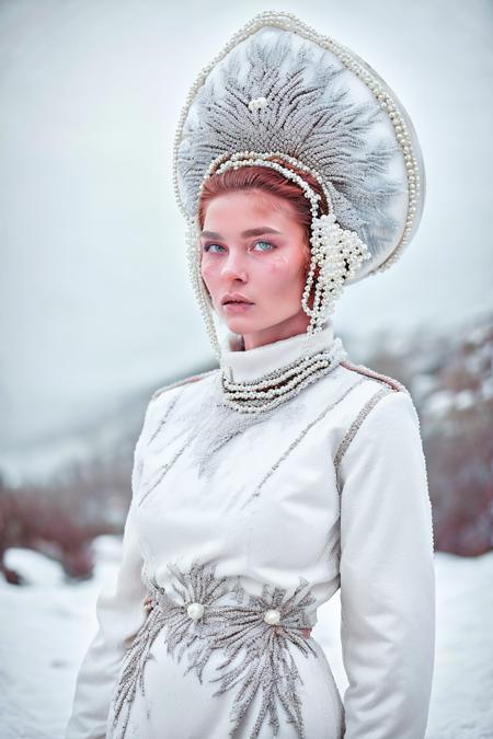 medium shot,   sl4v1ccr0wnwh1t3, sl4v1ccr0wn3y3s, an attractive woman, deep tan, dark skin, ice blue eyes,[[ red hair]],   in a long sleeve, white wool pearl beaded sarafan  dress with an enormous elaborate white Russian kokoshnik slavic crown on her head and a veil on her head, pearls, silver, white, standing in the snow on a rocky hill, high key,  depth of field, blurry background, PA7_Portrait-HL_v2 <lora:sl4v1ccr0wn_multi-000007:1>