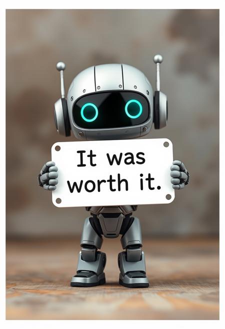 Robot chibi holding a sign that says "It was worth it"