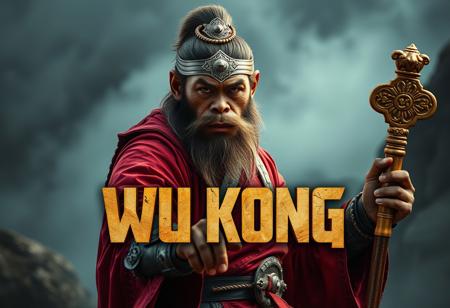 Panoramic view cinematic photo, a text title movie poster "WU KONG",game of thrones poster，The Monkey King in the classic Chinese myth Journey to the West，features a bearded man in armor holding a gold stick carved with classical Chinese textures，In a red cape，front view，(full_shot:1.3),  light fog, highly detailed, parody movie poster, a digital movie poster illustration,
