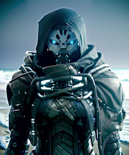 <lora:Exo Stranger:0.8>,  Exo Stranger standing on the beach:1.3, white Exo Stranger face, body covered by her futuristic suit and her hood, articulation points, detailed face, hyper-realistic:1.2, sharp lines, high contrast, detailed, looking at the viewer, masterpiece:1.3