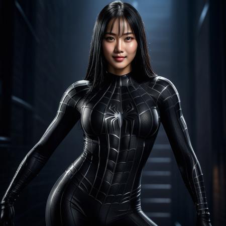 score_9, score_8_up, score_7_up, best quality, realistic, masterpiece, beautiful detail, hyperrealistic, night sky, ((1girl, woman body, large breast)), amazing detailed full body of a cute korean girl, wearing a realistic and highly detailed black raimi spider-man suit, ((defined muscular girl)), professional model wears ultra - detailed black raimi spider - man suit, ultra - detailed and grained black raimi spiderman suit, suit covered entire body and hand, black spiderman gloves, wet, (black hair, attraction, smile), close up, octane render, highly detailed, volumetric, dramatic lighting, (highest quality:1.1), (HDR:1.3), (top quality, best quality), realistic, high definition, sharp contrast between light and shadow, athletic and fit physique, highly detailed and accurate portrayal, photorealistic rendering, tense and alert atmosphere cinematic scene, cinematic lighting, intricate detail skin and facial texture, lifelike expression, accurate character design, interesting and complex background details,
