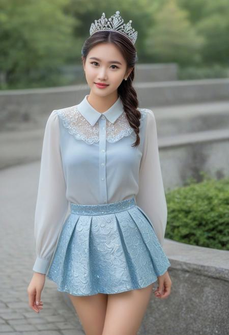 novuschroma54 style, glass, cute girl, 20yo, female, asian, pretty, blouse, skirt, tiara