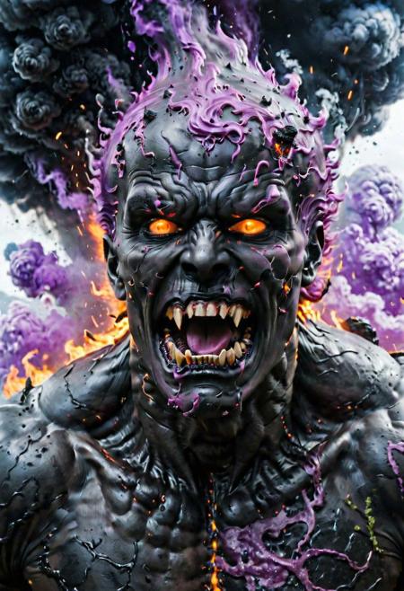 According to the rules, in such cases, it was supposed to become a black impenetrable cloud, fill the entire space with itself, catch up with purple  DEVIL SPAWN horror and look at him with an ominous luminous look from nowhere and from everywhere, which Bomchi immediately did.  Feeling of fear, feeling of horror,rich colors, ultra clear image, more realistic, high resolution photos, 8K HD wallpapershigh quality, intricate details,  ultra detailed, ,depth of field, 8k resolution trending on Artstation Unreal Engine 5, Epic,detailed background, <lora:xl_more_art-full_v1:1.2>  <lora:JuggerCineXL2:0.8> , Cinematic,  <lora:EnvyActionShotXL01:0.8> action shot