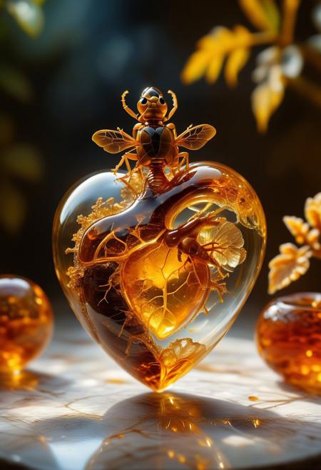 improved cinematic photo, 35mm photograph, film, professional, 4k, highly detailed,
An amber fragment enclosing a Human Heart,
The amber fragment is a smooth, slightly irregular sphere, roughly the size of a marble, with a warm golden-brown hue. Its surface is polished, gleaming softly under light, revealing a mesmerizing play of golden, honey, and orange tones. Tiny air bubbles and organic inclusions are scattered throughout, lending it a sense of antiquity and natural complexity.
Inside, a perfectly preserved Human Heart lies suspended in time, its delicate body encased in the translucent amber.
Around the Human Heart, subtle striations and minute organic fragments, possibly plant material or dust, create a vignette that frames the insect. The amber’s clarity varies in places, with some sections slightly cloudy, further accentuating the Human Heart as the focal point. The fragment feels timeless, a tiny time capsule offering a glimpse into a prehistoric world millions of years ago