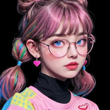 1girl,solo,jewelry,earrings,multicolored hair,looking at viewer,glasses,black background,pink-framed eyewear,heart,parted lips,pink hair,bangs,heart earrings,twintails,upper body,shirt,double bun,hair bun,long hair,sparkle,portrait,blue eyes,print shirt,<lora:color-000005:0.5>,