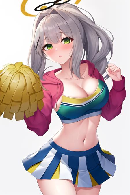 masterpiece, best quality, highres, solo, {hare_bluearchive:1.10}, halo, hair_ornament, green_eyes, long_hair, blush, bangs, grey_hair, ponytail, hoodie, white_hair, hair_intakes, breasts, 1girl, cheerleader, cosplay, looking_at_viewer, midriff, navel, pom_pom_\(cheerleading\), skirt, cleavage, white_background