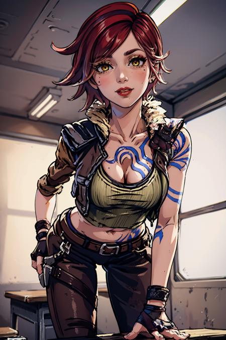 (masterpiece, best quality:1.2), <lora:lilith_(borderlands):.9>, lilith (borderlands),  1girl, breasts, cleavage, solo, cropped jacket, gloves, tattoo, navel, breast tattoo, fingerless gloves, red hair, pants, yellow eyes, makeup, jacket, lipstick, large breasts, mole, midriff, belt, short hair, red lips, mole under mouth, stomach tattoo, fur trim, collarbone, lips, open jacket, parted lips, arm tattoo, mole above mouth, brown jacket, crop top, black gloves, open clothes, nose, brown pants, stomach, fur-trimmed jacket, buckle, cropped vest, belt buckle, bangs, mascara, smile, desk, looking at viewer, leaning forward, school desk, indoors, chalkboard