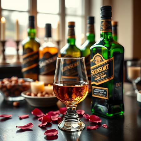 an atmospheric professional photo of a whisky,
(one glass with whisky:1.2), golden matured whisky, (3 different whisky bottles in background:1.1), finest, dark green bottle, single malt, scotch, black and gold label, angularly bottle, high-grade, intricate decorated, (screw cap:1.3) on table, rose petals,
standing on table, dark wooden surface, polished surface,
perfect photography, hdr, 16k, hires, best quality, viewed from side, from below, best angle,  closeup, bokeh, sharp focus on glass, glass centered, dramatic lighting, golden and brown tones,
slightly blurred background, foreground glass, background whisky bottles,  indoors, window, reflections, bowl with nuts, several candles,