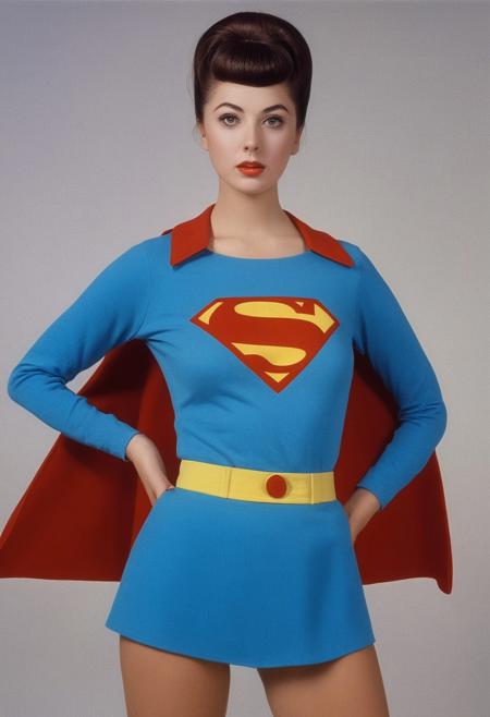 Surrealism, 1960's woman as Supergirl, superman uniform, blue uniform