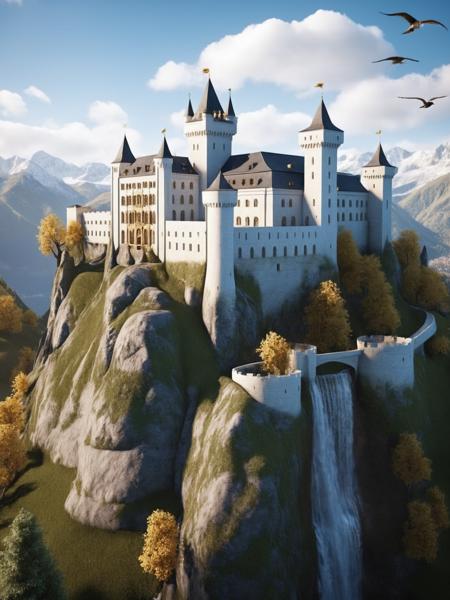 (huge sacred European castle on the mountains: 1.3), surrounded by many small villages, castles and mountains with many (waterfalls of different sizes),(the castle is composed of white brick walls), with gold paint on them, very gorgeous and noble, very complicated decoration, vegetation, blue sky, clouds floating in the mountains,(birds flying: 0.4), (Unreal Engine Rendering: 1.1),(realistic, photo-realistic:1.1),(super detail: 1.2), very clear, film level lighting, 4k, masterpiece,high resolution,Variegated color filter,