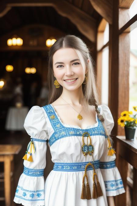 a portrait photo of  YuliyaIvanova, smiling, ((((folk dress)))), Ukrainian dress, pronounced feminine feature, insane details, intricate details, hyperdetailed, complex background, medieval tavern, indoor, in the style of greg fredericks  <lora:YuliyaIvanova:0.9>