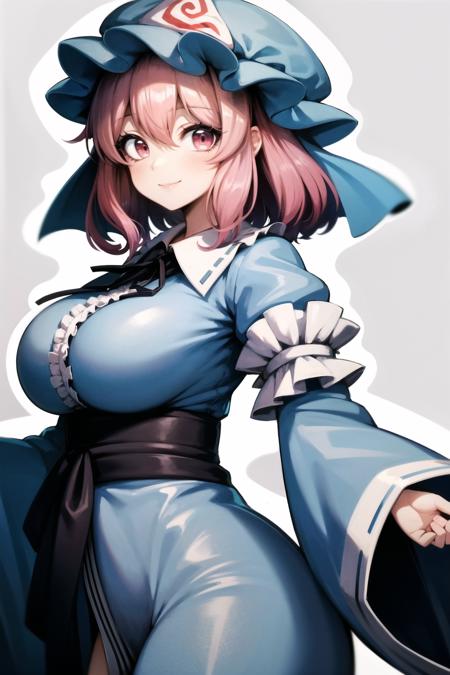 best quality,  <lora:Yuyuko:1> yuyuko, pink hair, saigyouji yuyuko, breasts, short hair, triangular headpiece, hat, solo, mob cap, looking at viewer, japanese clothes, large breasts, pink eyes, kimono, smile, blue headwear, blue kimono, long sleeves, bangs, frills, wide sleeves, hair between eyes